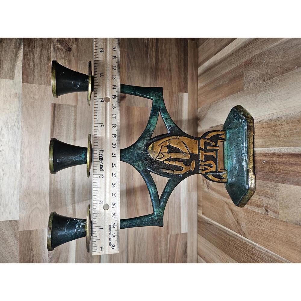 Vintage Mid-Century Modern Israeli Brutalist 3-Cup Candelabra Verdigris Brass - Picture 4 of 14